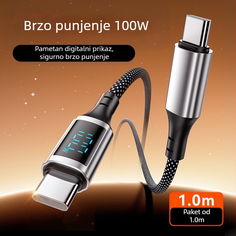 100W kabel za brzo punjenje s digitalnim zaslonom, Lightning i USB-C, aluminijska legura