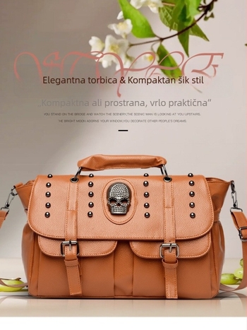 PU kožna torbica u ulicnom stilu s detaljima lubanje i šiljcih (niti), dvostruka upotreba (ruka i preko ramena), velika kapaciteta, inspirirana motociklima, unutarnji pretinci za telefon i osobnu iskaznicu