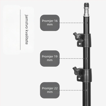 Stativ za fotografiju za prijenos uživo – podni tripod s povećanim držačem rasvjete; Materijal: željezo + ABS; Nosivost: 2–5 kg; Radna visina: 68–210 cm; Promjer cijevi: 22/19/16 mm; Broj sekcija: 3