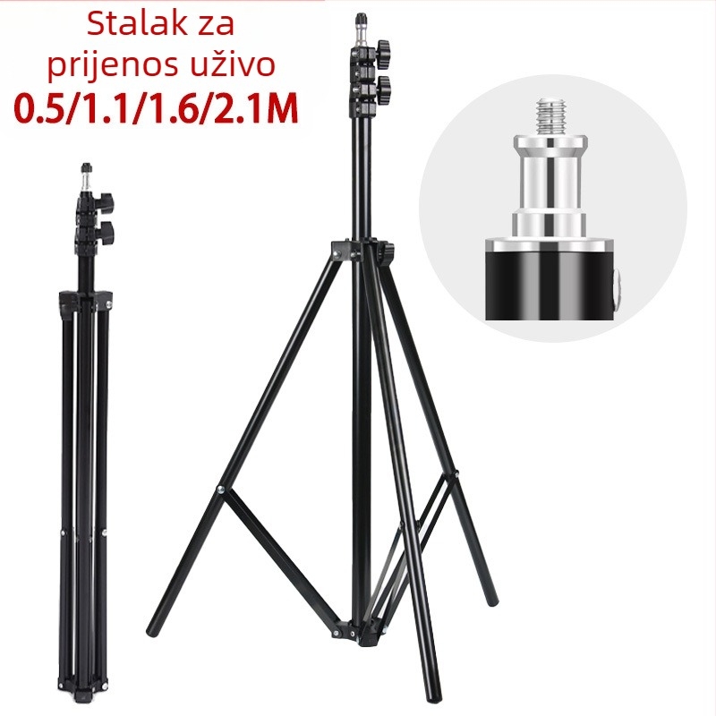 Stativ za fotografiju za prijenos uživo – podni tripod s povećanim držačem rasvjete; Materijal: željezo + ABS; Nosivost: 2–5 kg; Radna visina: 68–210 cm; Promjer cijevi: 22/19/16 mm; Broj sekcija: 3