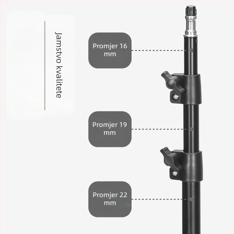 Stativ za fotografiju za prijenos uživo – podni tripod s povećanim držačem rasvjete; Materijal: željezo + ABS; Nosivost: 2–5 kg; Radna visina: 68–210 cm; Promjer cijevi: 22/19/16 mm; Broj sekcija: 3