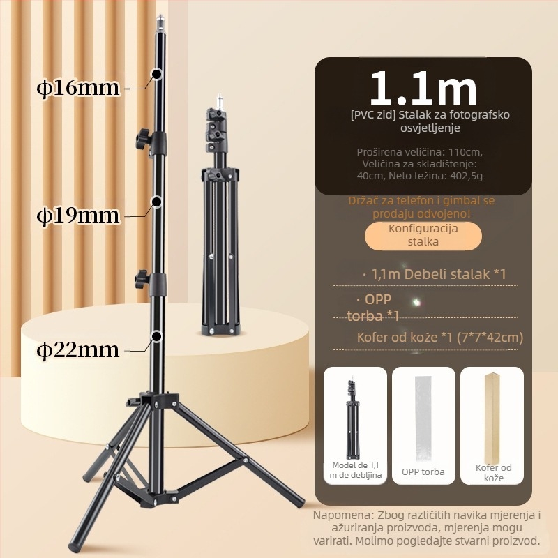 Stativ za fotografiju za prijenos uživo – podni tripod s povećanim držačem rasvjete; Materijal: željezo + ABS; Nosivost: 2–5 kg; Radna visina: 68–210 cm; Promjer cijevi: 22/19/16 mm; Broj sekcija: 3