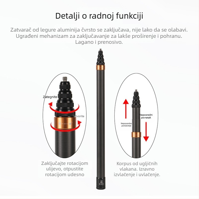 Produžni štap za Insta360 i GoPro panoramske akcijske kamere, aluminijska legura, nosivost do 2 kg