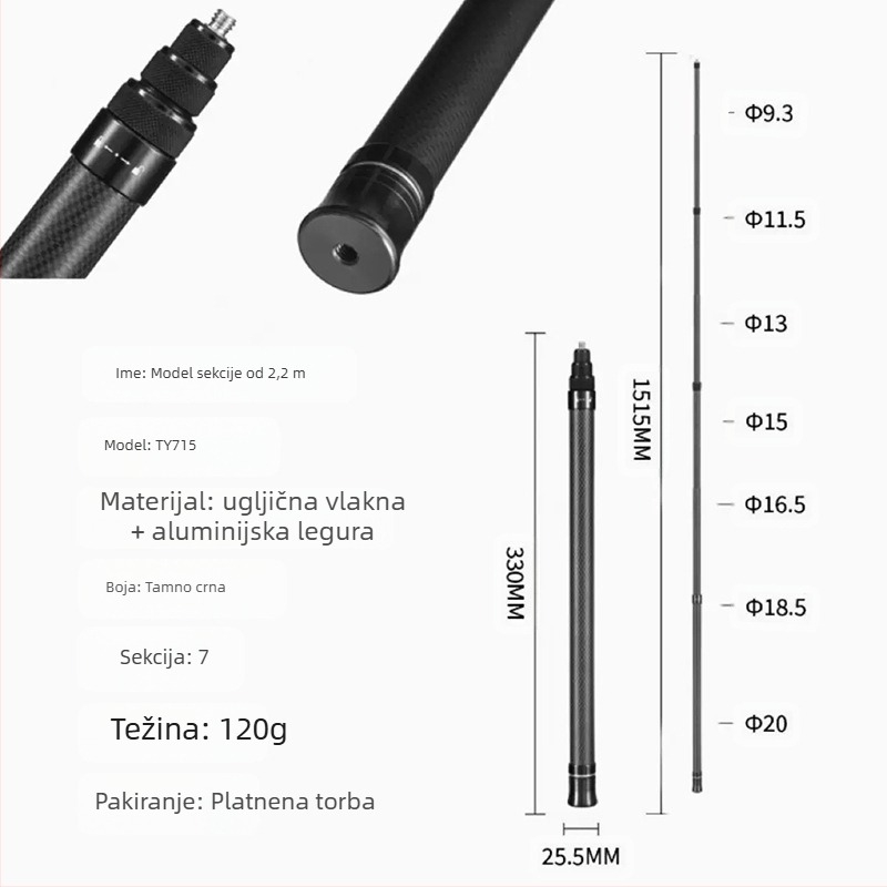 Produžni štap za Insta360 i GoPro panoramske akcijske kamere, aluminijska legura, nosivost do 2 kg
