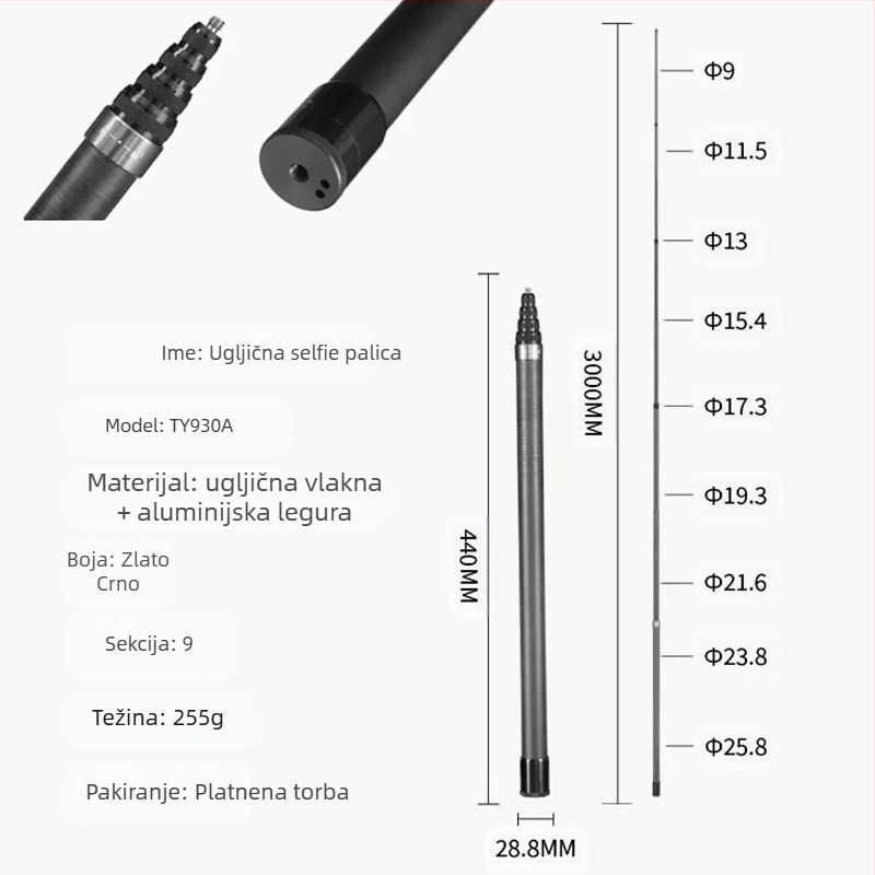 Produžni štap za Insta360 i GoPro panoramske akcijske kamere, aluminijska legura, nosivost do 2 kg