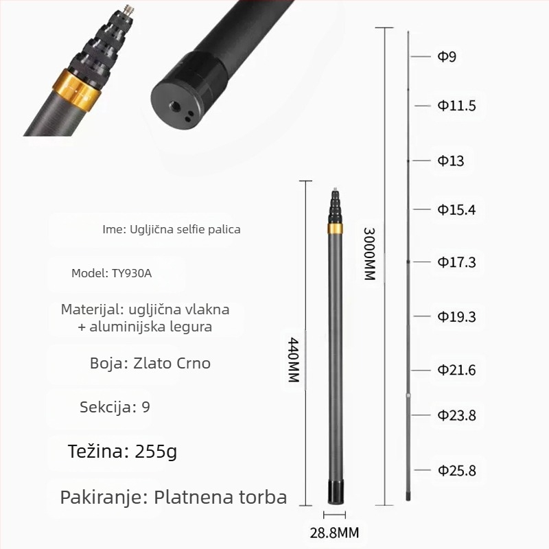 Produžni štap za Insta360 i GoPro panoramske akcijske kamere, aluminijska legura, nosivost do 2 kg