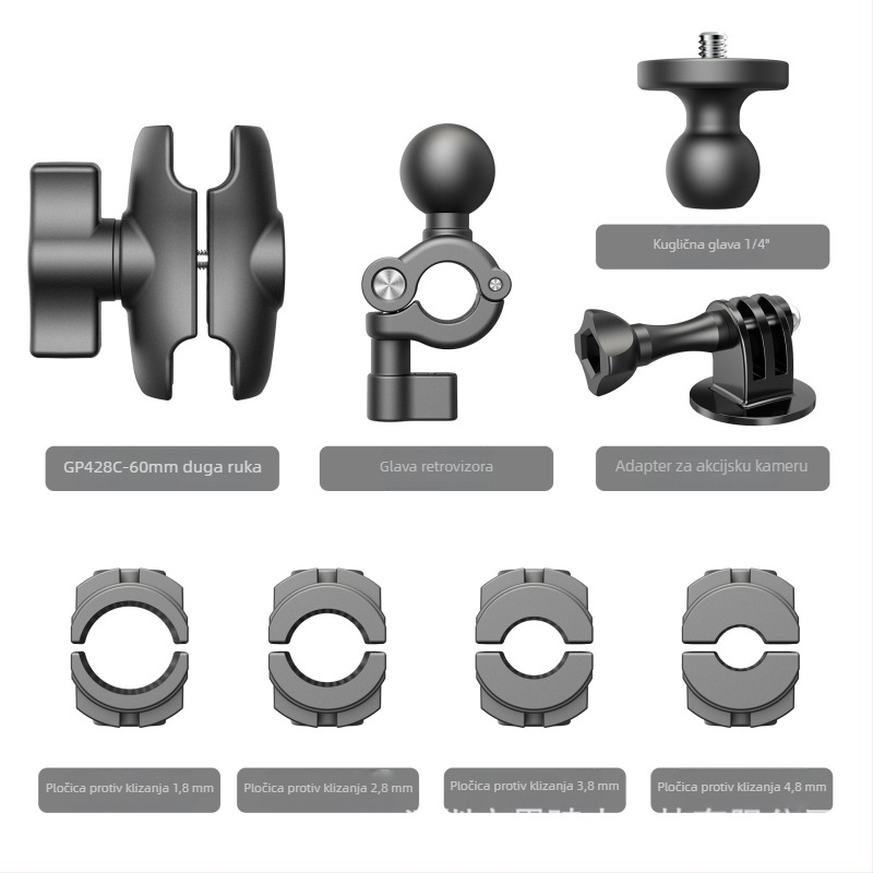 Baza za retrovizor motocikla s nosačem za telefon i akcijsku kameru | Materijal: najlon + vlakna | Model: GP377A-L/GP377B-L | Kompatibilno s GoPro, Insta360, DJI, Xiaoyi | Moguć ispis logotipa