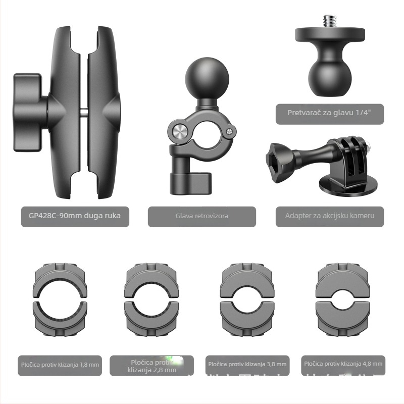 Baza za retrovizor motocikla s nosačem za telefon i akcijsku kameru | Materijal: najlon + vlakna | Model: GP377A-L/GP377B-L | Kompatibilno s GoPro, Insta360, DJI, Xiaoyi | Moguć ispis logotipa