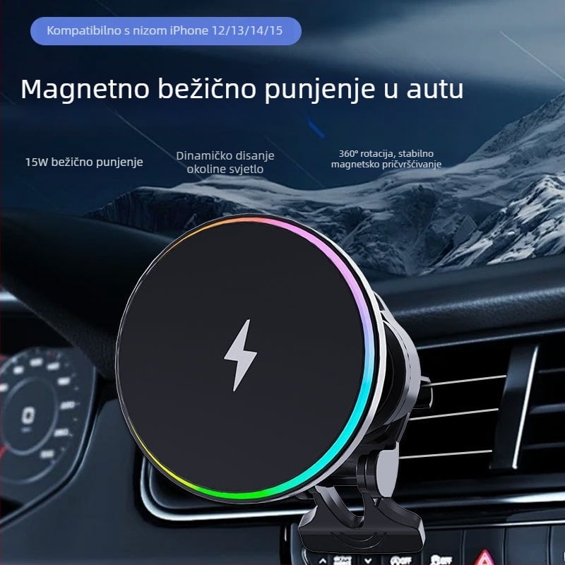 MagSafe bežični auto punjač s kružnim RGB osvjetljenjem – 15W QC3.0 magnetsko punjenje za iPhone