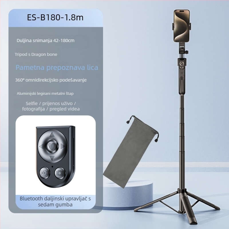 Selfie štap s AI praćenjem lica i integriranim držačem kamere, aluminijska legura, okretanje 360° okomito, 180° vodoravno, težina 620 g