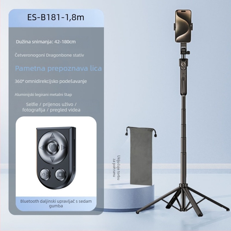 Selfie štap s AI praćenjem lica i integriranim držačem kamere, aluminijska legura, okretanje 360° okomito, 180° vodoravno, težina 620 g