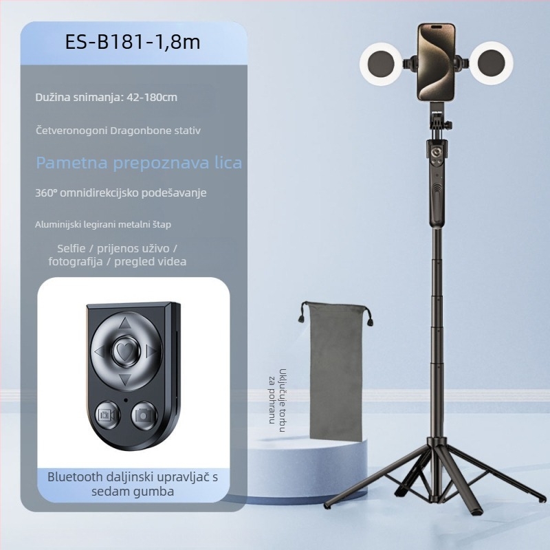 Selfie štap s AI praćenjem lica i integriranim držačem kamere, aluminijska legura, okretanje 360° okomito, 180° vodoravno, težina 620 g