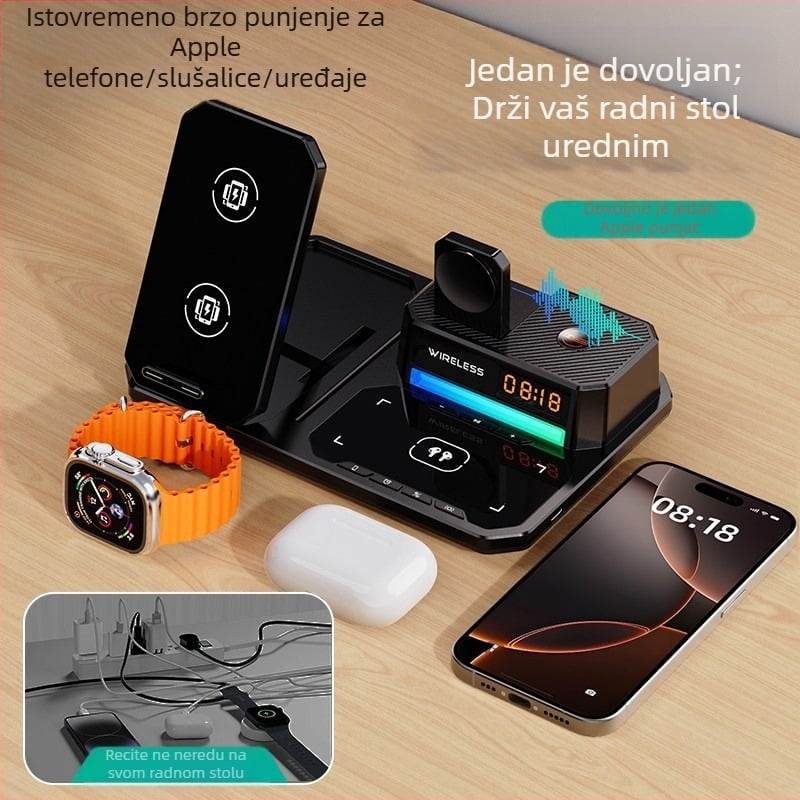 Šest u jedan bežični punjač s sklopivim držačem za telefon, stolna noćna rasvjeta, sat i zvučnik – 15W za telefon, 5W za slušalice, 2,5W za sat