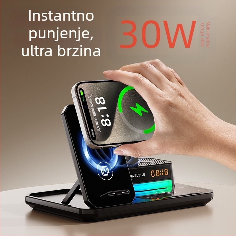 Šest u jedan bežični punjač s sklopivim držačem za telefon, stolna noćna rasvjeta, sat i zvučnik – 15W za telefon, 5W za slušalice, 2,5W za sat