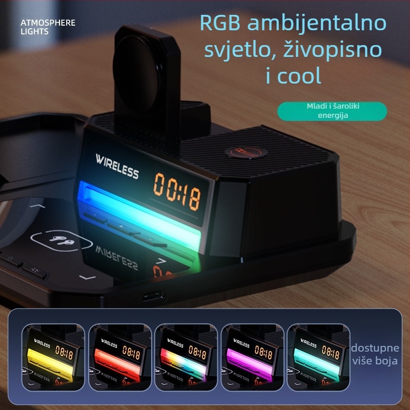 Šest u jedan bežični punjač s sklopivim držačem za telefon, stolna noćna rasvjeta, sat i zvučnik – 15W za telefon, 5W za slušalice, 2,5W za sat