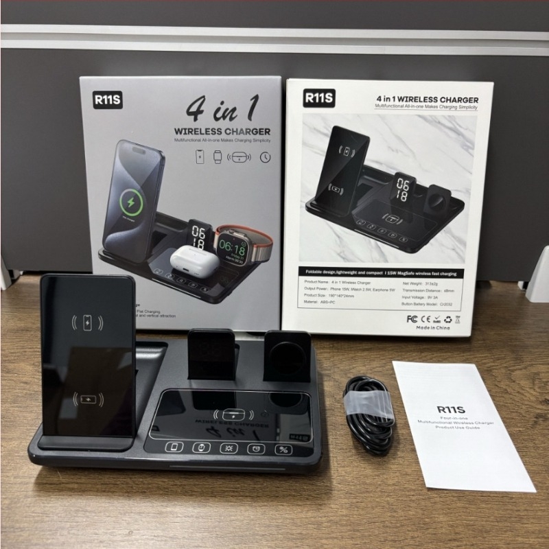 Šest u jedan bežični punjač s sklopivim držačem za telefon, stolna noćna rasvjeta, sat i zvučnik – 15W za telefon, 5W za slušalice, 2,5W za sat