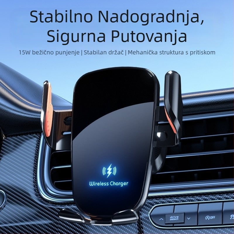 Držač za mobitel u automobilu s bežičnim punjenjem 15W, universalna kompatibilnost, snap-on montaža na otvor za ventilaciju, za navigaciju.