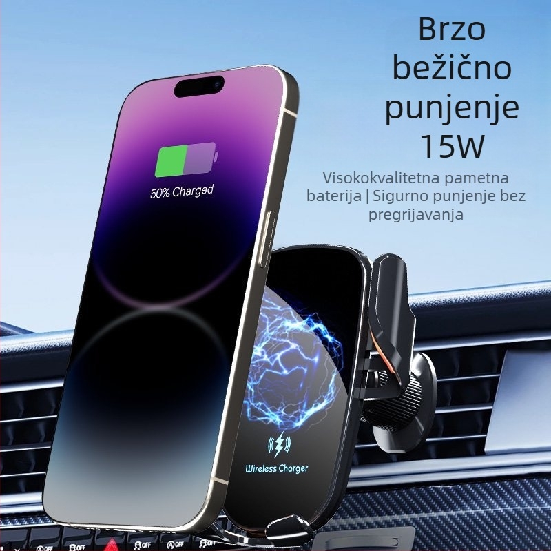 Držač za mobitel u automobilu s bežičnim punjenjem 15W, universalna kompatibilnost, snap-on montaža na otvor za ventilaciju, za navigaciju.