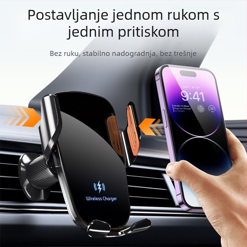 Držač za mobitel u automobilu s bežičnim punjenjem 15W, universalna kompatibilnost, snap-on montaža na otvor za ventilaciju, za navigaciju.