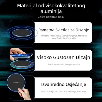 15W Qi bežični punjač za pametne telefone, aluminijska legura, ultra-tanki kružni dizajn, stolni bežični punjač