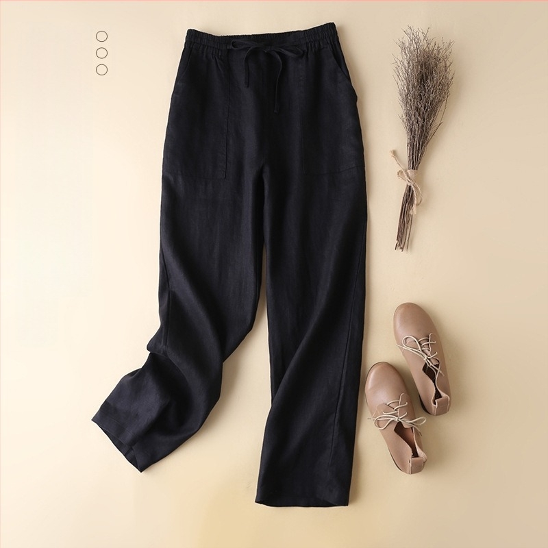 Ženske široke hlače od lana sa srednjim strukom, književno-umjetnički retro stil, ljeto