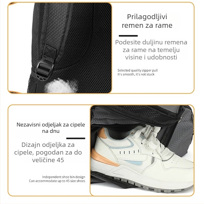 Ruksak za trening nogometa s velikim kapacitetom, vodootporan, odvojeni pretinac za cipele, prozračan, zakrivljene naramenice, Oxford tkanina