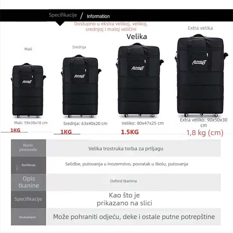 Sklopiva torba za prtljagu s univerzalnim kotačićima, 1,6 kg, Oxford tkanina, vodootporna i proširiva, za poslovna putovanja