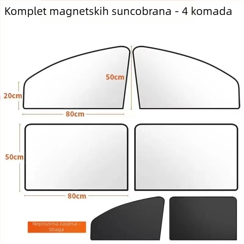 Magnetska sjenila za prozore automobila - srebrno presvučena tkanina, reflektirajuća, toplinska izolacija, prilagodljiva, Univerzalna ugradnja