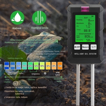6-u-1 tester tla s mjerenjem pH, vlage, svjetlosne jačine i plodnosti tla | Model THE01879, Kod proizvoda 1000509934