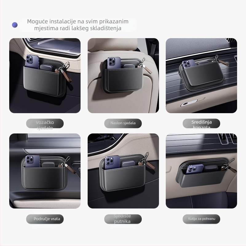 Ljepljiva auto torba za pohranu za središnju konzolu i prostor između sjedala — koža, vodootporna, sklopiva, prilagodljiva (kapacitet 600 ml)