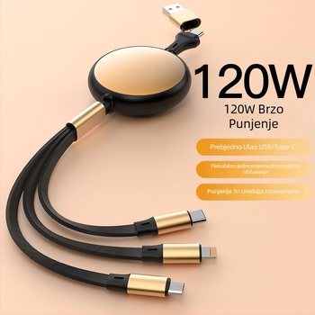 Skretnjivi aluminijski kružni kabel 5-u-1 za punjenje i prijenos podataka s Lightning i USB-C sučeljima, maksimalna snaga 120W, dvije do tri grane konektora