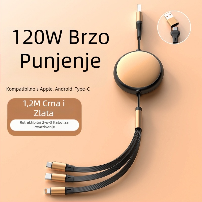 Skretnjivi aluminijski kružni kabel 5-u-1 za punjenje i prijenos podataka s Lightning i USB-C sučeljima, maksimalna snaga 120W, dvije do tri grane konektora