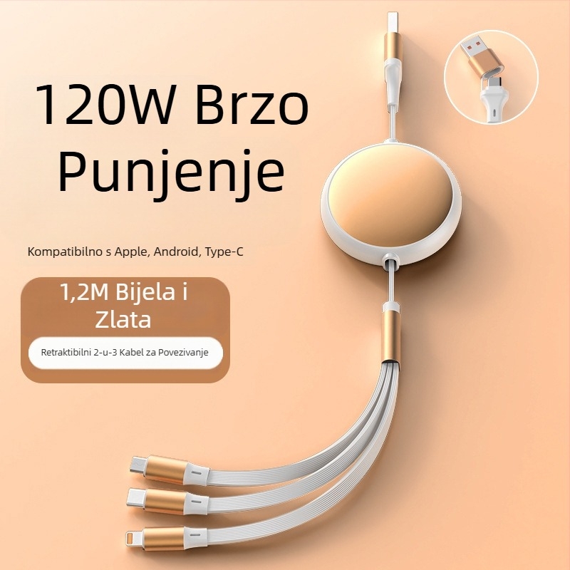 Skretnjivi aluminijski kružni kabel 5-u-1 za punjenje i prijenos podataka s Lightning i USB-C sučeljima, maksimalna snaga 120W, dvije do tri grane konektora