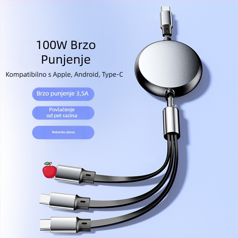 Skretnjivi aluminijski kružni kabel 5-u-1 za punjenje i prijenos podataka s Lightning i USB-C sučeljima, maksimalna snaga 120W, dvije do tri grane konektora