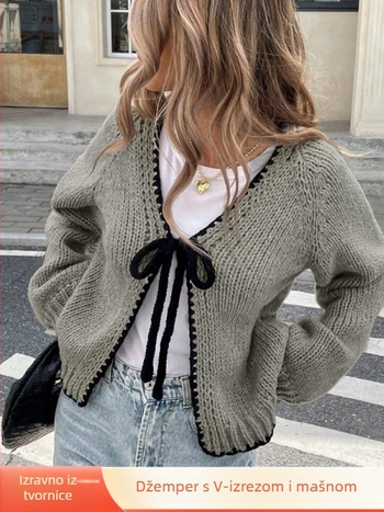 Pleteni kardigan s vezicama sprijeda, V-izrez, dugi rukavi, mješavina poliestera i najlona