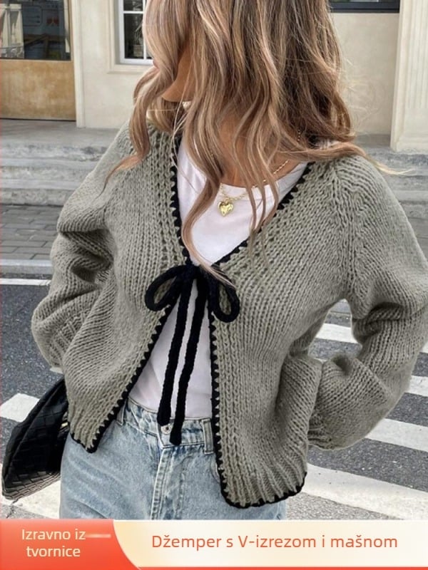 Pleteni kardigan s vezicama sprijeda, V-izrez, dugi rukavi, mješavina poliestera i najlona