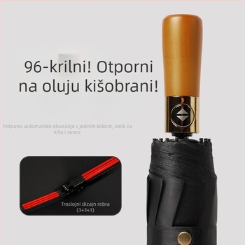 Automatski kišobran s drvenom ručkom, 12 rebara, otporan na vjetar, UV zaštita UPF 40+, mogućnost tiska logotipa