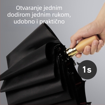 Automatski kišobran s drvenom ručkom, 12 rebara, otporan na vjetar, UV zaštita UPF 40+, mogućnost tiska logotipa