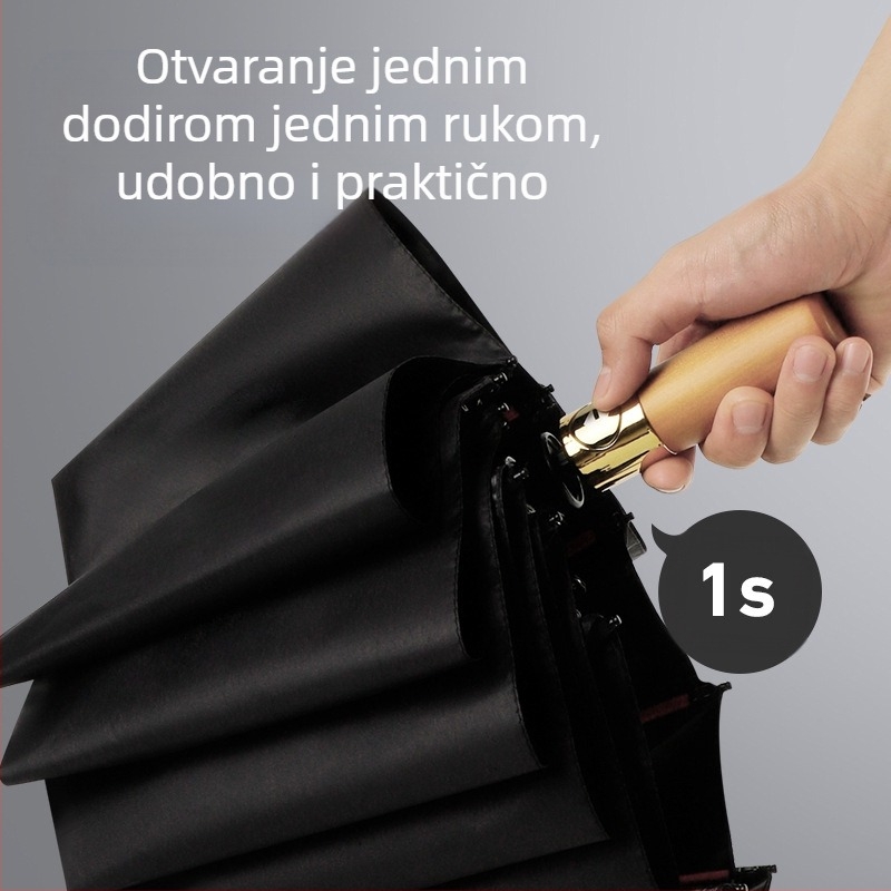 Automatski kišobran s drvenom ručkom, 12 rebara, otporan na vjetar, UV zaštita UPF 40+, mogućnost tiska logotipa