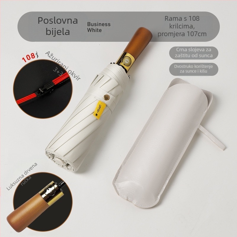 Automatski kišobran s drvenom ručkom, 12 rebara, otporan na vjetar, UV zaštita UPF 40+, mogućnost tiska logotipa