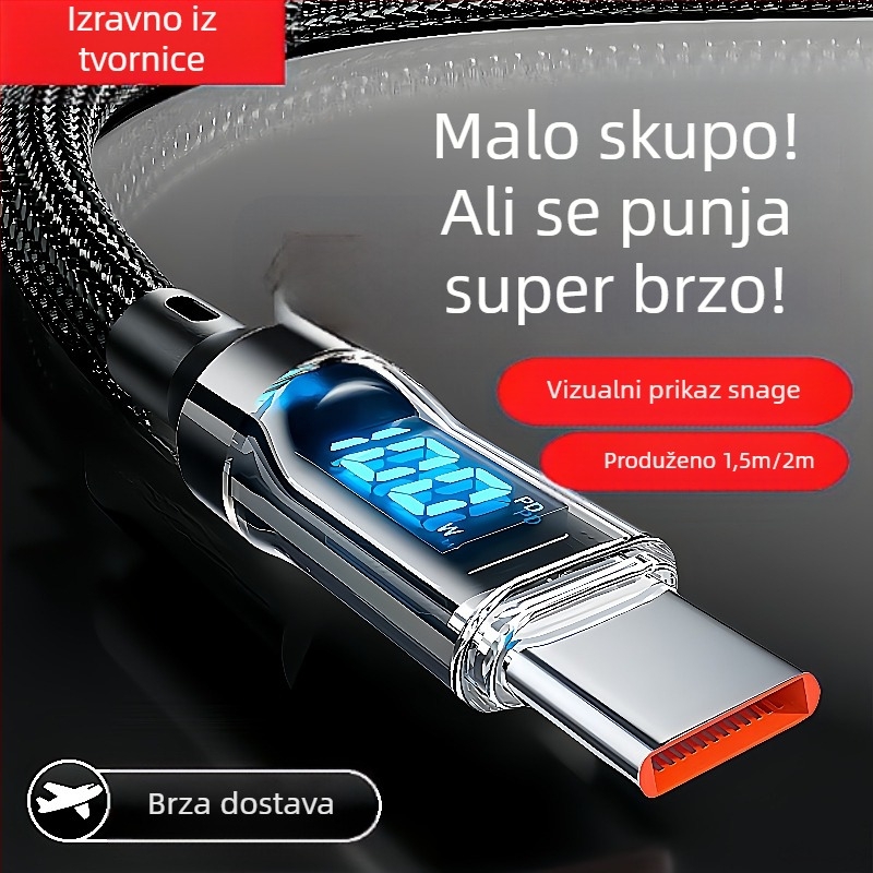 Type-C kabel s digitalnim zaslonom za brzo punjenje 60W, pleteni