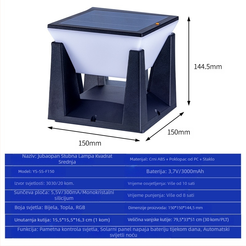 Solarna vanjska svjetiljka za vrt LED, IP65, 1W, 3,7V, trajanje osvjetljenja 6–12 sati