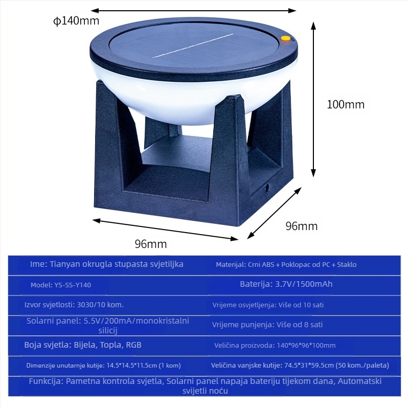 Solarna vanjska svjetiljka za vrt LED, IP65, 1W, 3,7V, trajanje osvjetljenja 6–12 sati
