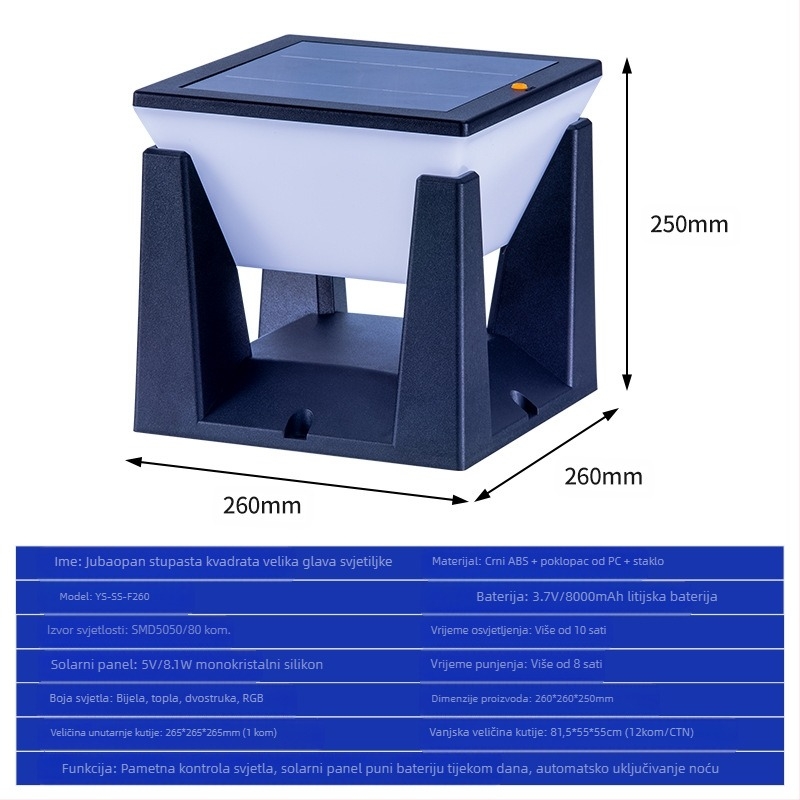 Solarna vanjska svjetiljka za vrt LED, IP65, 1W, 3,7V, trajanje osvjetljenja 6–12 sati