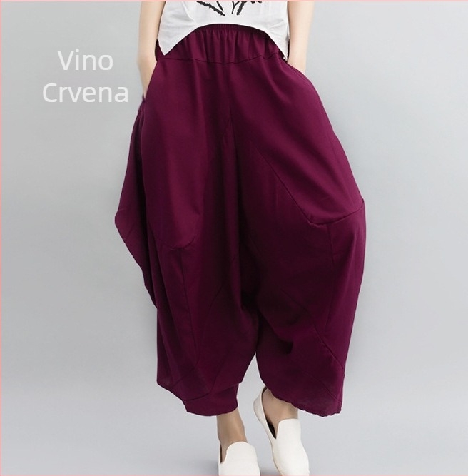 Ženske harém hlače u etno stilu, pamuk i lan, visok struk, cropped duljina, elastični pojas, proljeće 2025