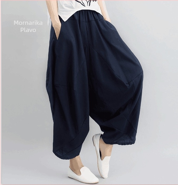 Ženske harém hlače u etno stilu, pamuk i lan, visok struk, cropped duljina, elastični pojas, proljeće 2025
