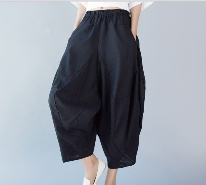 Ženske harém hlače u etno stilu, pamuk i lan, visok struk, cropped duljina, elastični pojas, proljeće 2025