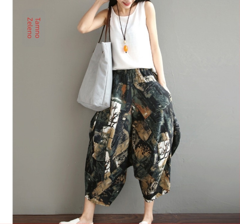 Ženske harém hlače u etno stilu, pamuk i lan, visok struk, cropped duljina, elastični pojas, proljeće 2025