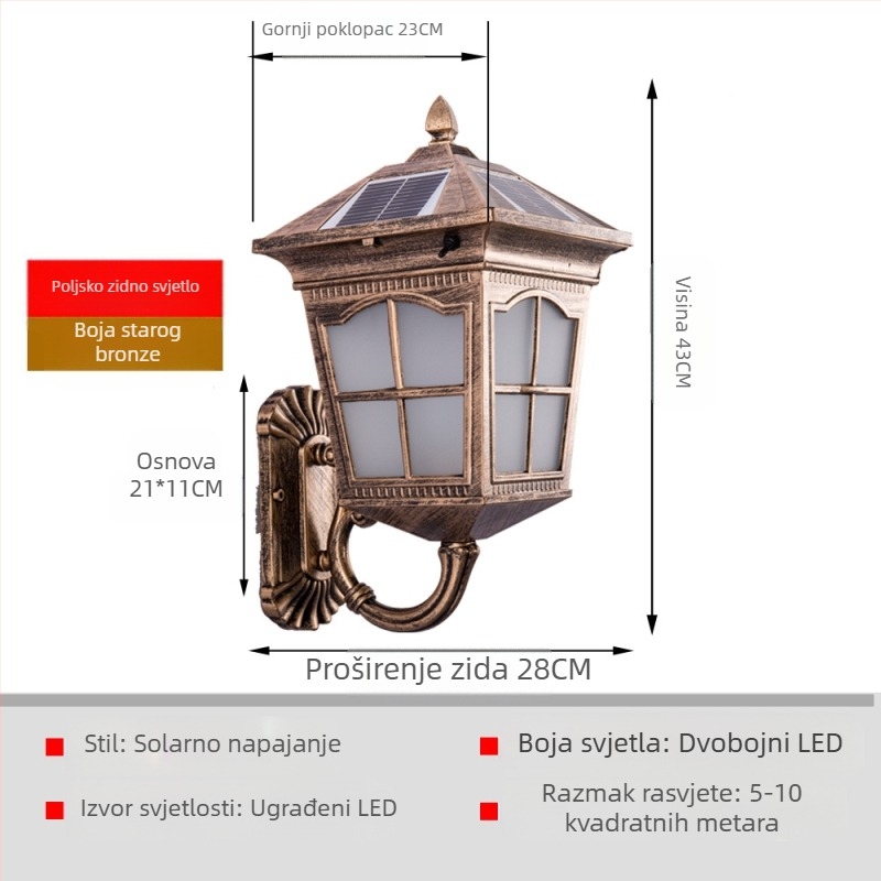 Solarna vanjska vodootporna zidna svjetiljka za balkon i vrata – pastoralni stil sa srcolikim dizajnom; IP55, 5W, 220V, 12–16 sati osvjetljenja, indukcijski prekidač