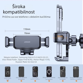 Auto držač za sklopni zaslon: Honor Magic Vs 2, Huawei Mate X2/X3 – kompatibilan s ventilacijom i pločom instrumenta; ugradnja s klipsom, ljepilom ili vakuumom